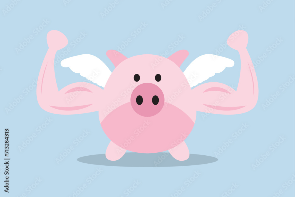 Naklejka premium Strong financial health, pink piggy bank with muscle arms and flying wings prepared to battle for trade benefit.