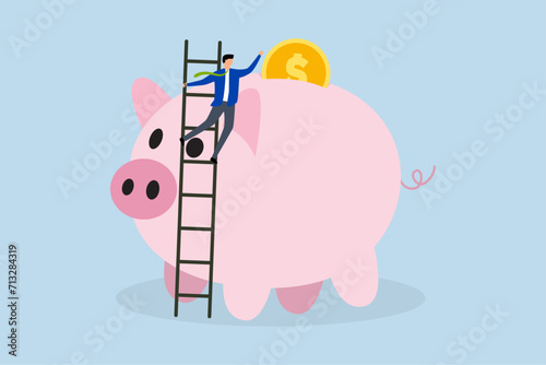 Personal finance strategy, businessman utilizing stair to climb up pink piggy bank with brilliant cash coin as last target.