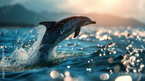 Scene of a dolphin jumps out of the water. Created with Generative Ai technology.