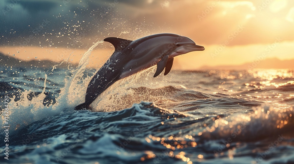 Scene of a dolphin jumps out of the water. Created with Generative Ai technology.