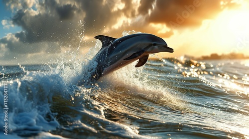 Scene of a dolphin jumps out of the water. Created with Generative Ai technology. © Viktor