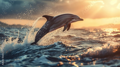 Scene of a dolphin jumps out of the water. Created with Generative Ai technology. © Viktor