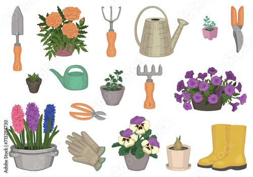 Spring gardening collection. Doodles set of potted plants, gloves, rubber boots, watering cans, garden tools. Vector illustration in cartoon style isolated on white.