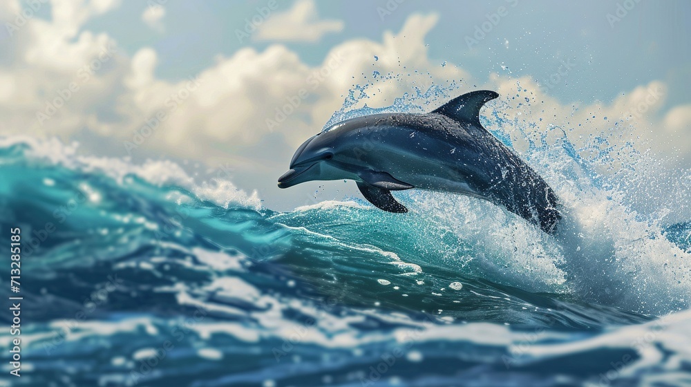 Fototapeta premium Scene of a dolphin jumps out of the water. Created with Generative Ai technology.
