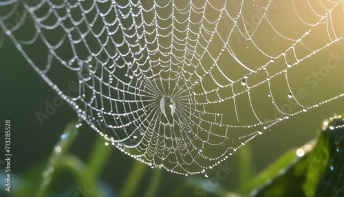 Spider web with dew drops in the morning. Nature background. Generative AI