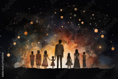 Constellation familiale  Exploration cosmique en famille   Quatre membres  deux adultes et deux enfants    merveill  s devant un ciel   toil     blouissant  offrant une toile cosmique vaste et chaleureuse