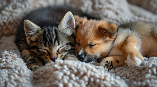 Adorable kitten and puppy duo curled up together, bringing warmth and joy to your cozy bedroom space. © IBRAHEEM'S AI