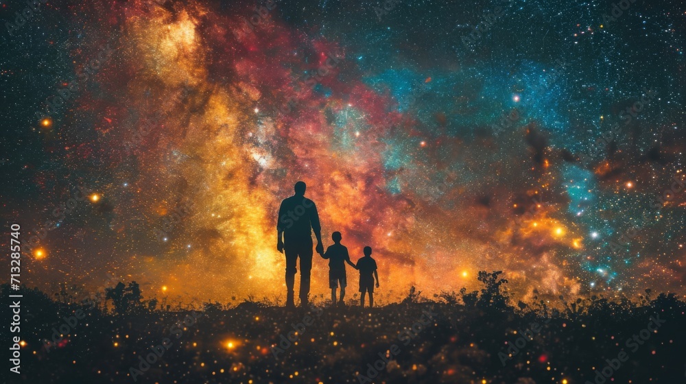 Fototapeta premium Constellation familiale, Exploration cosmique en famille : Quatre membres, deux adultes et deux enfants, émerveillés devant un ciel étoilé éblouissant, offrant une toile cosmique vaste et chaleureuse