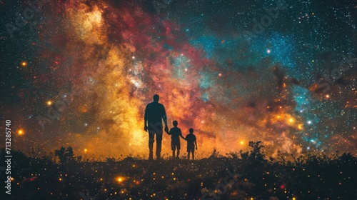 Constellation familiale, Exploration cosmique en famille : Quatre membres, deux adultes et deux enfants, émerveillés devant un ciel étoilé éblouissant, offrant une toile cosmique vaste et chaleureuse photo