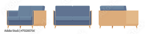 Small couch, loveseat fabric sofa set in blue accent. Upholstery for living room, dorm, family apartment, studio. Vector flat style cartoon home, office furniture objects isolated on white background