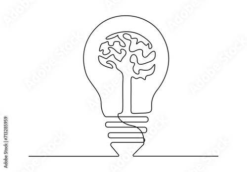 Human brain in the electric light bulb continuous one line art vector illustration. Free vector