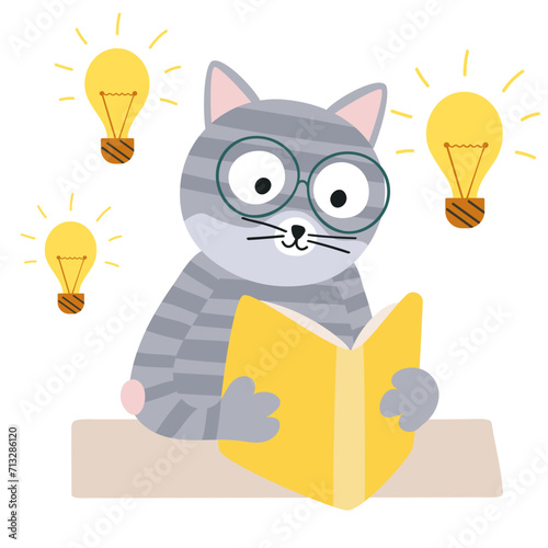 The cat is reading a book. Idea. Vector illustration in flat style