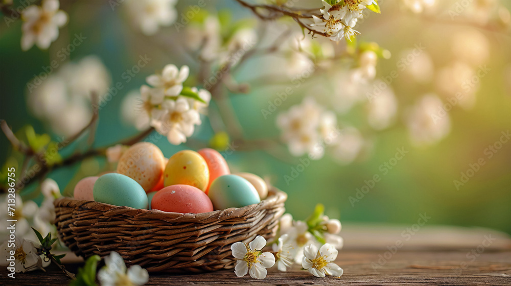 Easter eggs in a nest of thin twigs with space to copy against the background of a blooming spring tree. These colorful eggs in red, blue, yellow tones create a festive atmosphere Easter eggs in a nest of thin twigs with space to copy against the background of a blooming spring tree. These colorful eggs in red, blue, yellow tones create a festive atmosphere