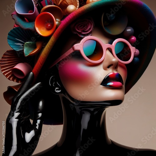 Woman creative colourful hat glasses fashion beauty art portrait latex head