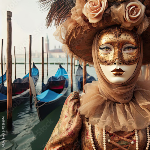 Woman wearing a Venetian Mask Near the Gondolas in the Sea - Victorian Style