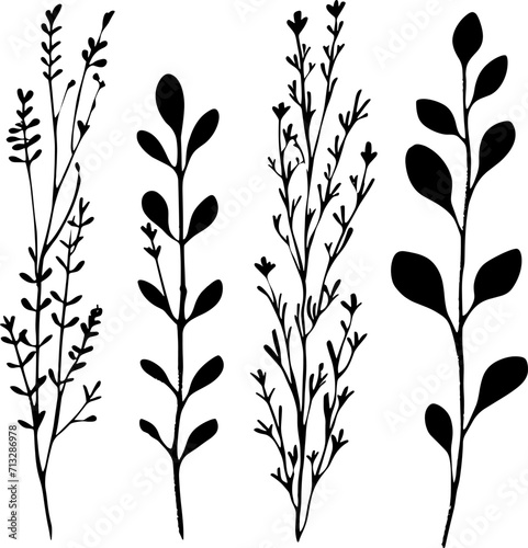 Branches sketch set. Hand drawn graphic plants. Vector illustration of different branches isolated on white background. AI generated illustration.