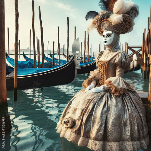 Woman wearing a Venetian Mask Near the Gondolas in the Sea - Victorian Style