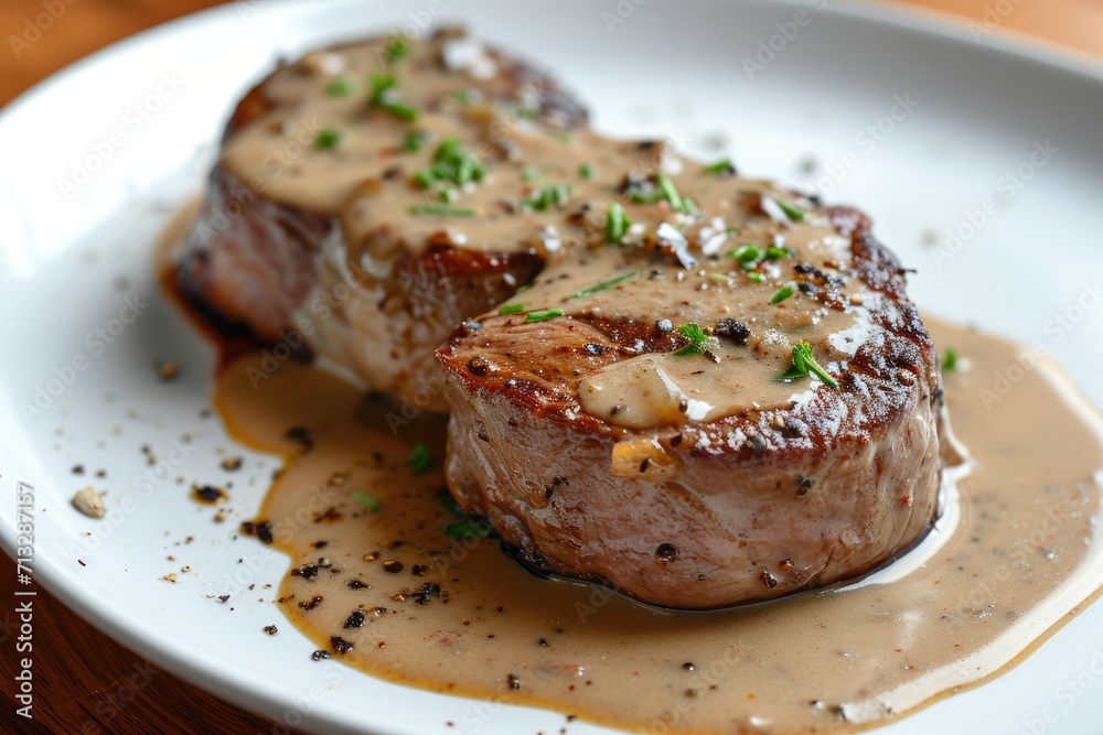 beef steak with pepper sauce cream served on plate beef steak with pepper sauce cream served on plate