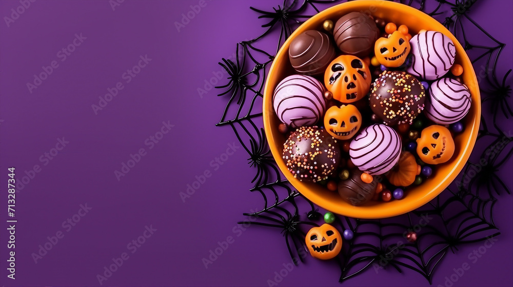 Spooky Halloween Decorations: Top View of Pumpkin Basket with Candies and Spiders on Isolated Violet Background for Festive Celebrations and Seasonal Fun