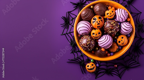 Spooky Halloween Decorations: Top View of Pumpkin Basket with Candies and Spiders on Isolated Violet Background for Festive Celebrations and Seasonal Fun