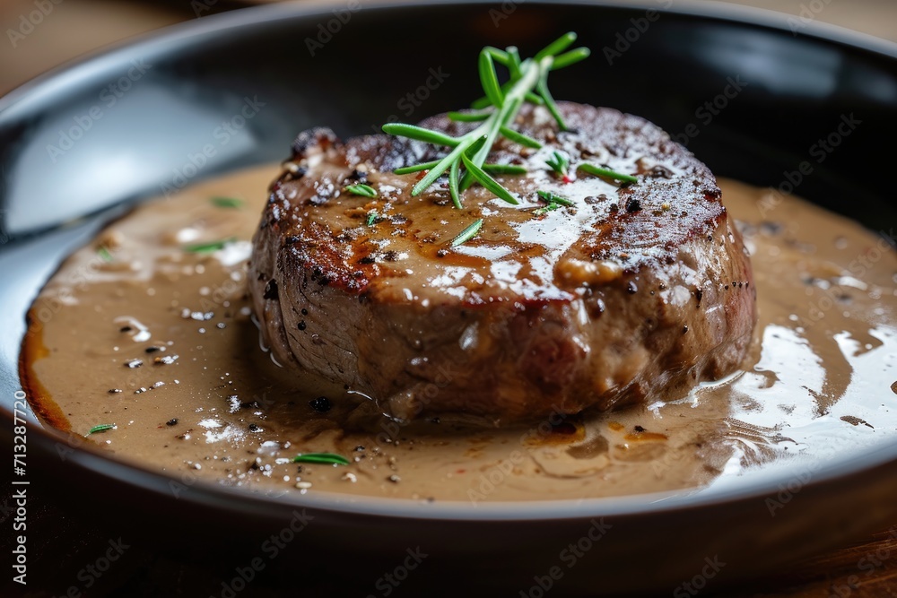 Beef steak with pepper sauce made of cream, beef broth, butter, minced garlic, shallots, clean background Beef steak with pepper sauce made of cream, beef broth, butter, minced garlic, shallots, clean background