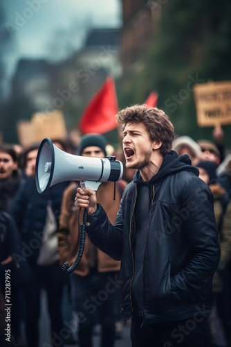 arabian moeslim Male activist protesting on megaphone during a strike with a group of demonstrators in the background