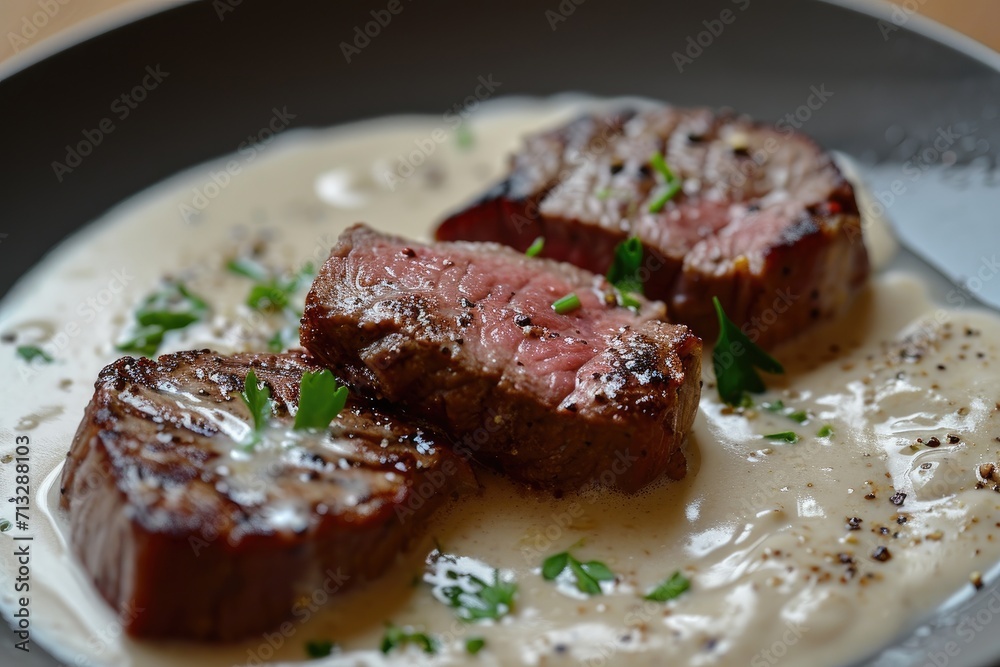 Beef steak with pepper sauce made of cream, beef broth, butter, minced garlic, shallots, clean background Beef steak with pepper sauce made of cream, beef broth, butter, minced garlic, shallots, clean background