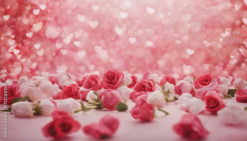 Obraz premium Valentine's day background with pink and white roses and hearts. Generative AI