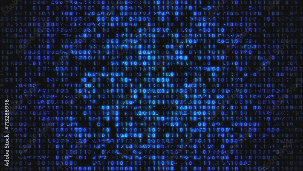 Realistic CRT Monitor styled blue binary code motion background animation with digital glitch effect. This retro technology background is full HD and a seamless loop.
