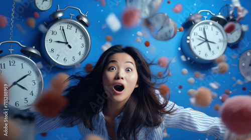 A surprised woman with numerous clocks floating around her, time pressure or deadline concept