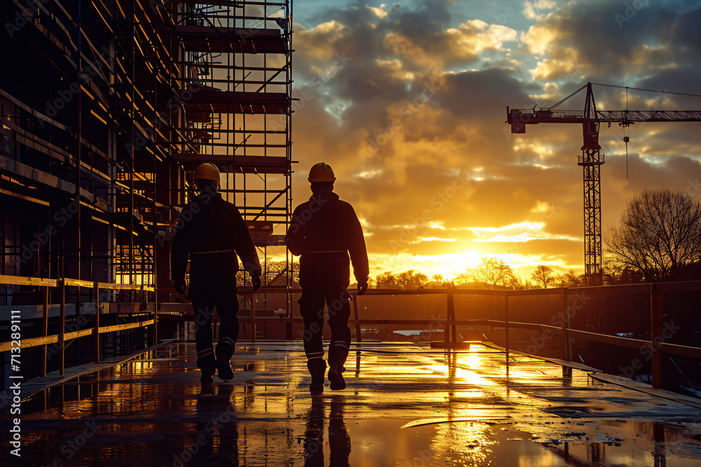 Silhouette of a team of business engineers at a construction site.Civil Engineer,labour worker.Building construction.