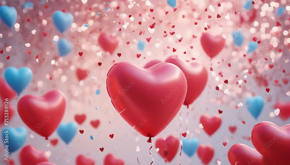 Valentine's day background with red and blue heart balloons. Generative AI