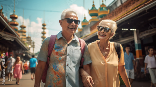 Senior couple in hats laughing and enjoying a city walk together