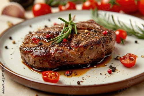 Beef steak with pepper sauce made of cream, beef broth, butter, minced garlic, shallots, clean background, top-down view