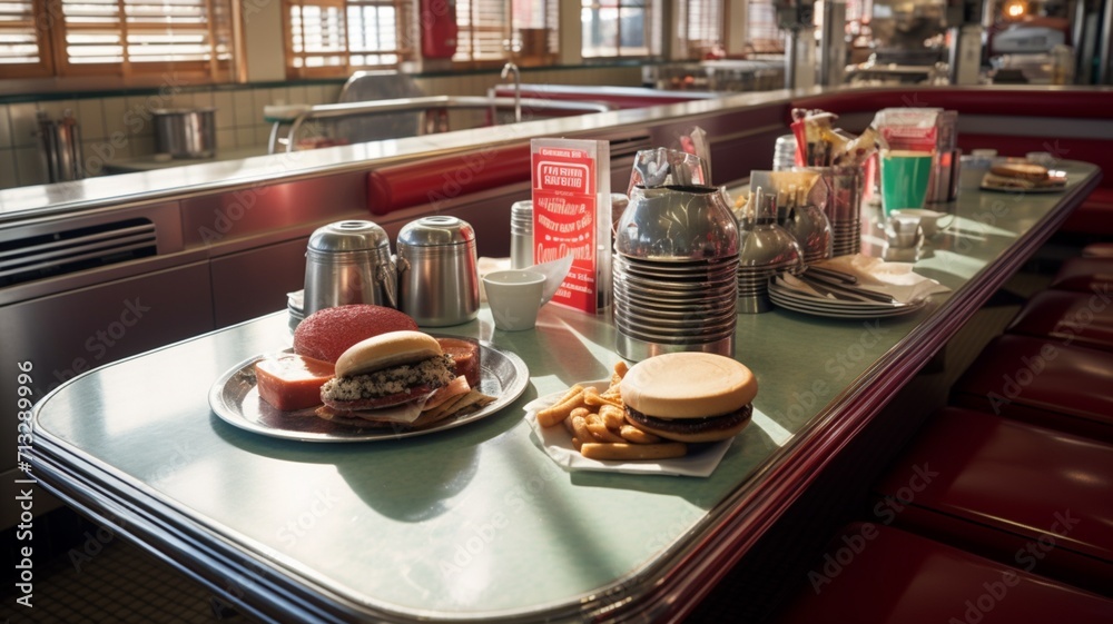 Fast Food A top-down view of a classic American diner counter with plates of burgers and fries -Generative Ai