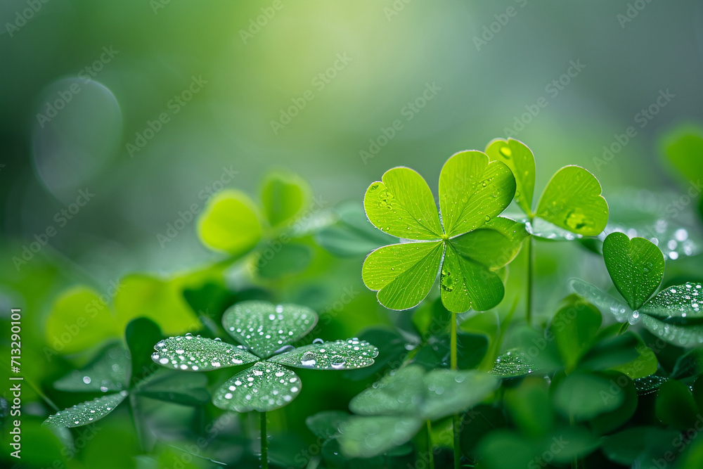 A close-up of dew-kissed clover leaves, St. Patrick’s Day, blurred background, with copy space A close-up of dew-kissed clover leaves, St. Patrick’s Day, blurred background, with copy space