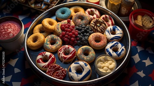 A top-down view of a colorful food tray at a fast-food festival, showcasing a variety of delicious treats -Generative Ai