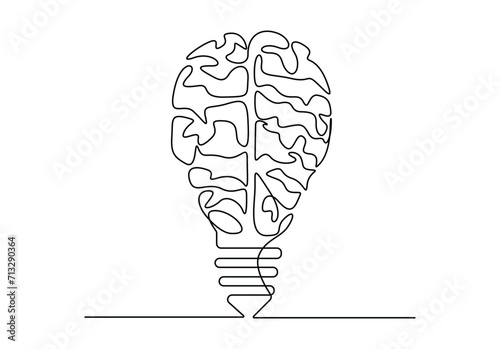 Single continuous line drawing of light bulb with human brain logo label. Isolated on white background vector illustration. Free vector