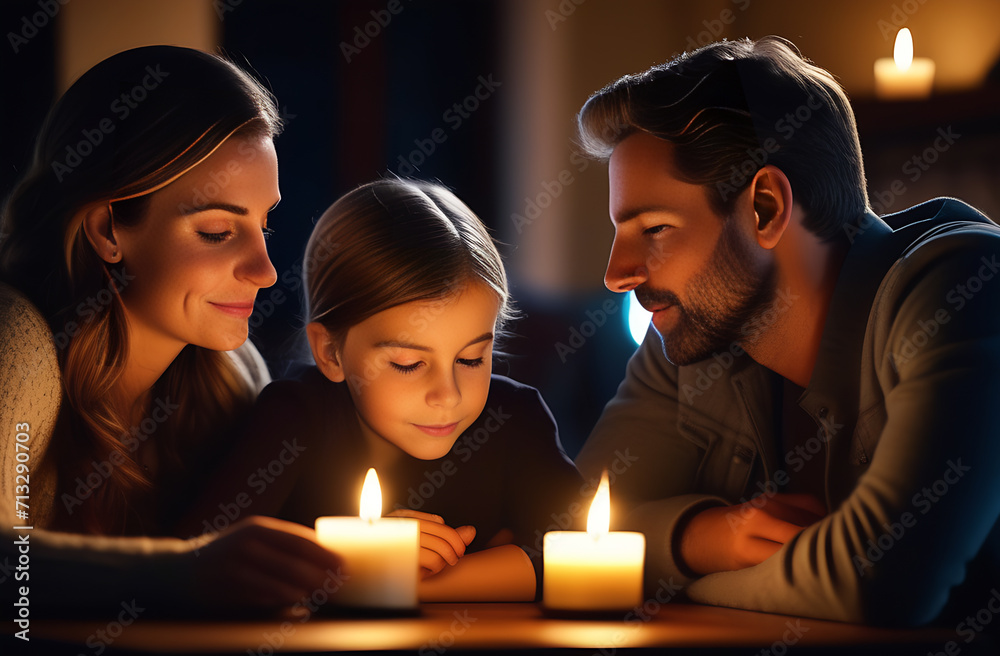 Intimate scene of a family gathering in candlelight during Earth Hour, emphasizing the warmth and connection that comes from collectively embracing the commitment to environmental awareness