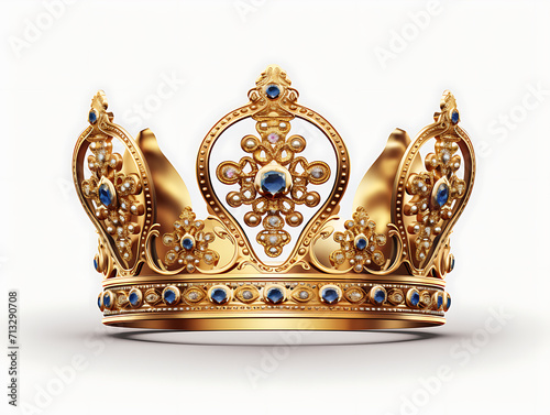 A gold crown decorated with sapphires. Isolated on a white colored background. Created with Generative AI.