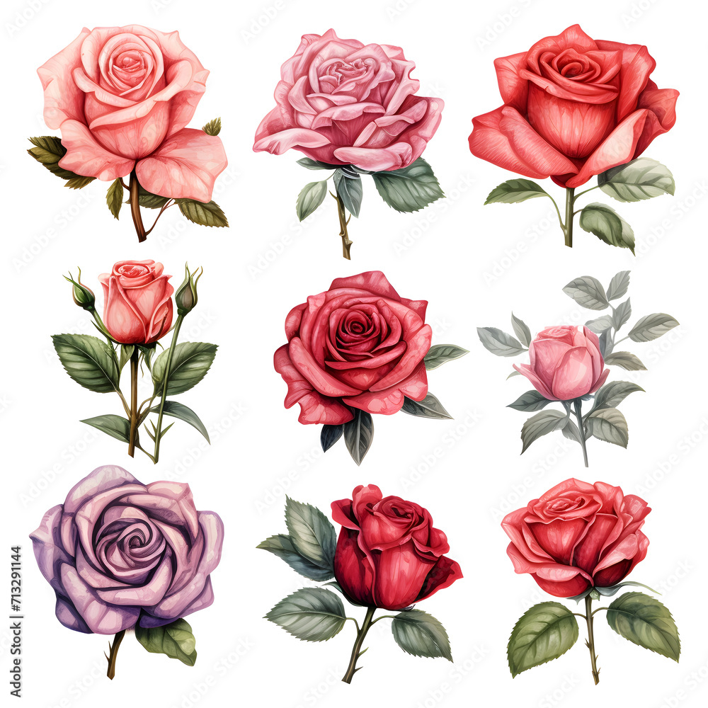 Set with watercolor roses isolated on white background Set with watercolor roses isolated on white background