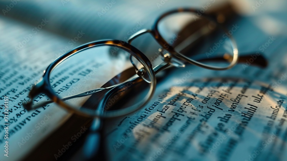Close view of a pair of glasses placed on a book. Created with Generative Ai technology. Close view of a pair of glasses placed on a book. Created with Generative Ai technology.