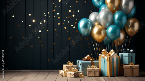 Holiday background with colorful balloons, confetti and ribbons. Holiday greeting card for birthday party, anniversary, New Year, Christmas or other events © ma