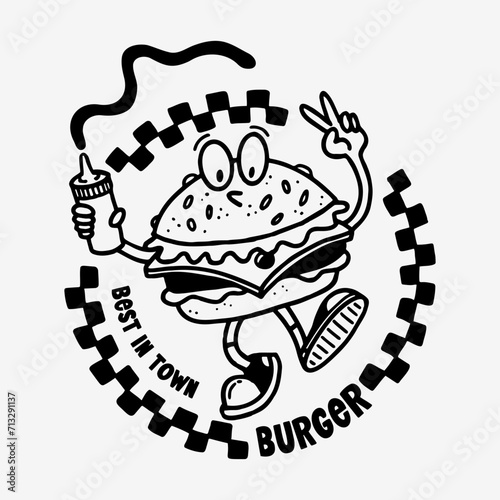 Hand drawn burger emblem sketch. Retro style vector illustration.