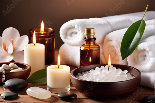 Spa equipment set with soft lights emphasis on a luxurious and clean atmosphere. Spa products are placed in the spa room. Luxurious resort. Towel with herbal bag and beauty treatments