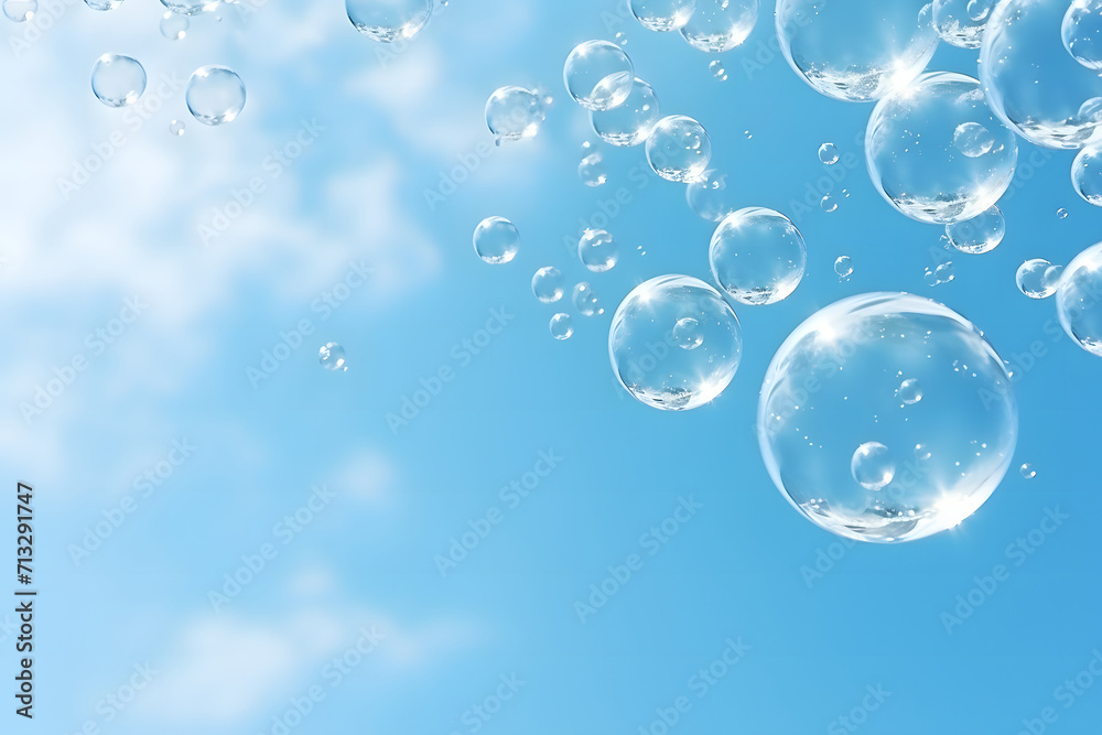 water bubbles on blue sky background soft and dreamy atmosphere