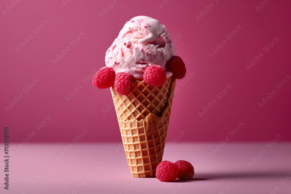 A raspberry ripple ice cream cone on a nice background. (Generative AI) A raspberry ripple ice cream cone on a nice background. (Generative AI)