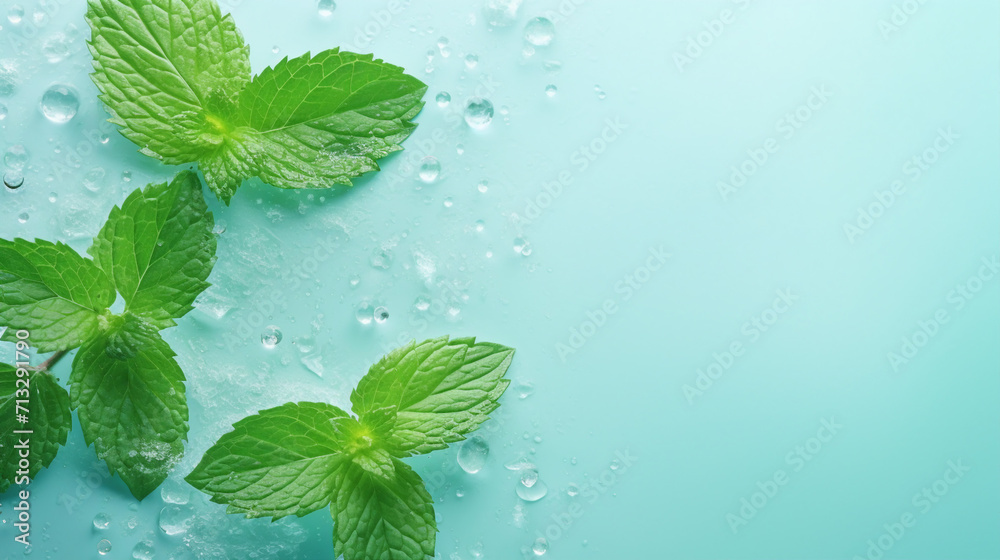 Top View of Refreshing Mint Leaves and Ice Cubes in Cool Water Drops on Pastel Blue - Summer Beverage Concept with Organic Botanicals and Vivid Abstract Nature Top View of Refreshing Mint Leaves and Ice Cubes in Cool Water Drops on Pastel Blue - Summer Beverage Concept with Organic Botanicals and Vivid Abstract Nature