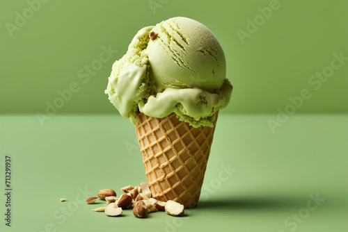 A small pistachio ice cream cone with nuts on the side. (Generative AI) photo