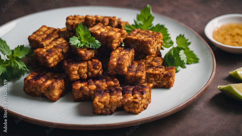 Fried tempeh for lunch and vegetarian protein source
